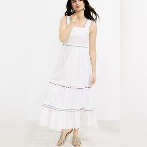 LOFT White Maxi Dress with Multi-Color Scallop Trim
